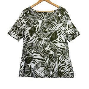 Chicos Top Womens 2 Large Green White Leaf Print Cotton Round Neck Short Sleeve